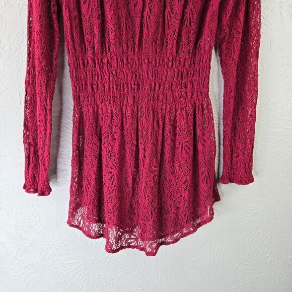 Cristina Tunic Red Floral Lace Sheer Button Front Bell Sleeve Fairy Glam Shirt - Picture 11 of 12